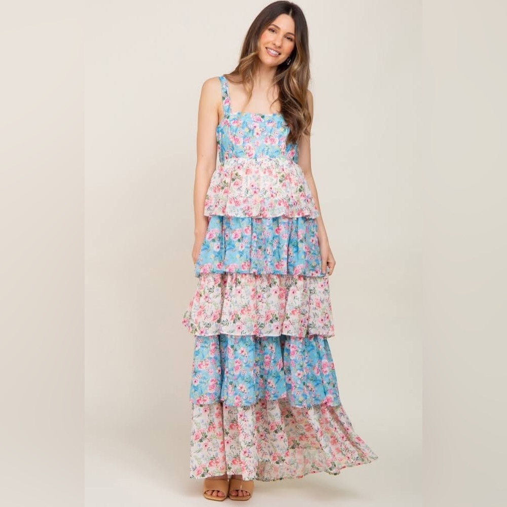 Flying Tomato Blue and Pink Floral Tiered Maxi Dress
